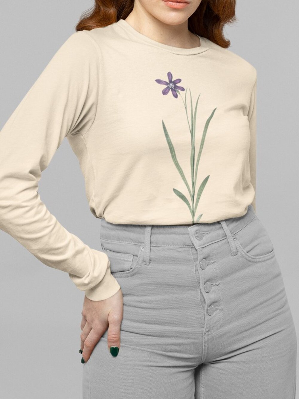 Large-Flowered Ixia Vintage Floral Print Long Sleeve Graphic Tee T-shirt S-XXL